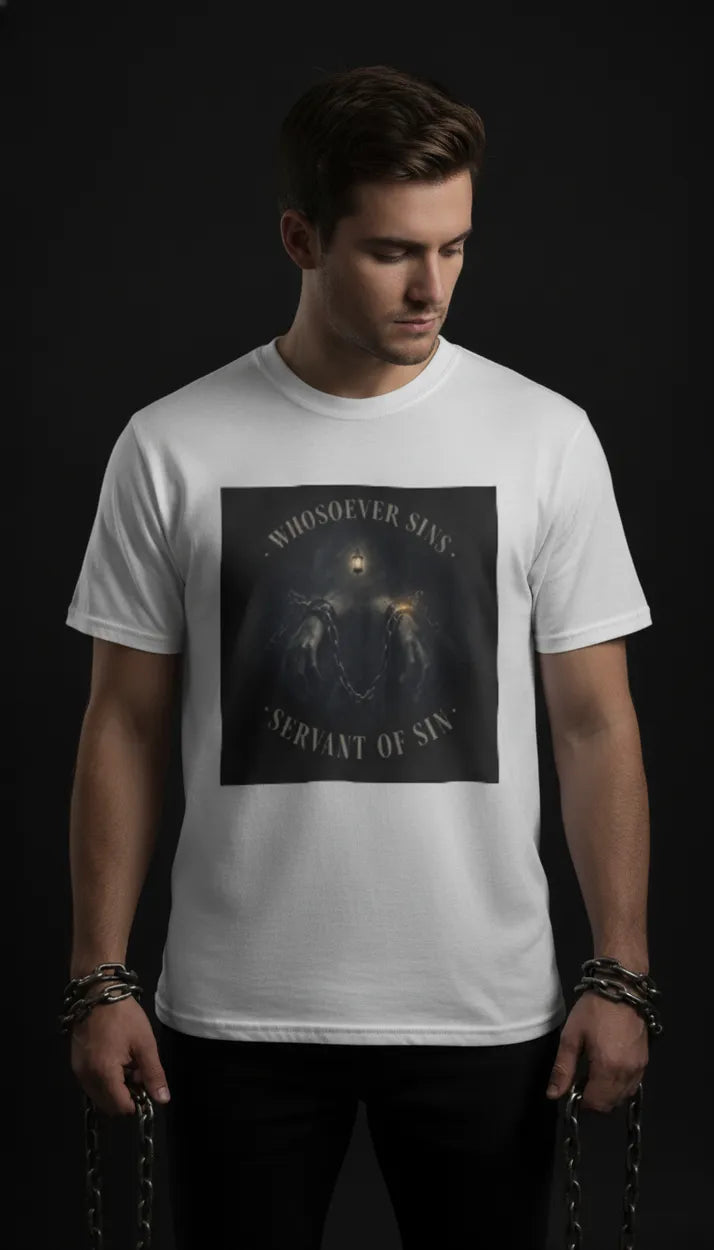 John 8:34 T-Shirt Bound by Sin Muted Glow Tee