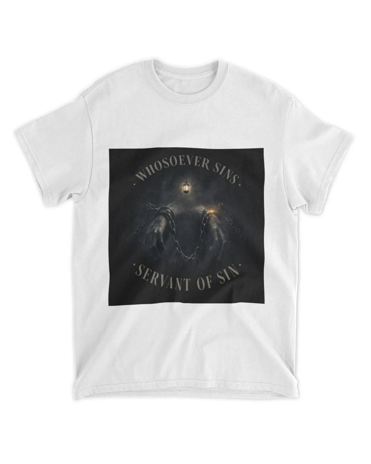 John 8:34 T-Shirt Bound by Sin Muted Glow Tee