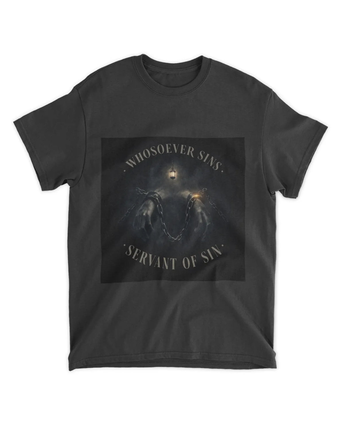 John 8:34 T-Shirt Bound by Sin Muted Glow Tee