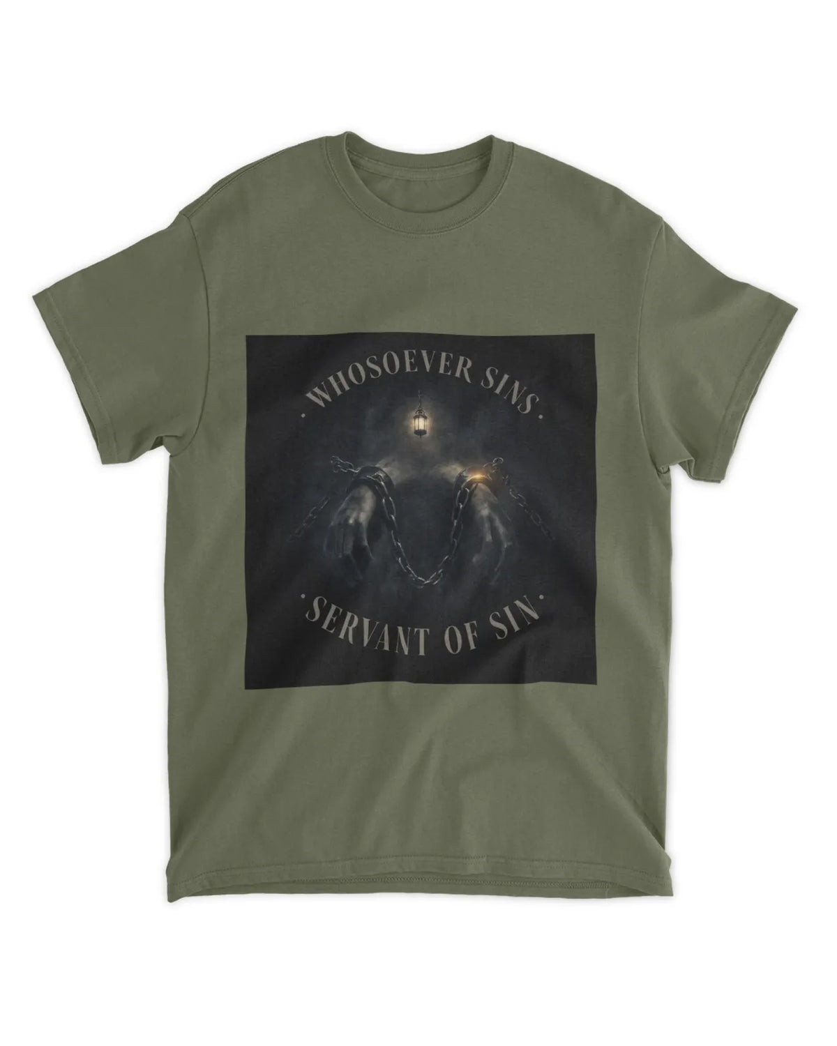 John 8:34 T-Shirt Bound by Sin Muted Glow Tee