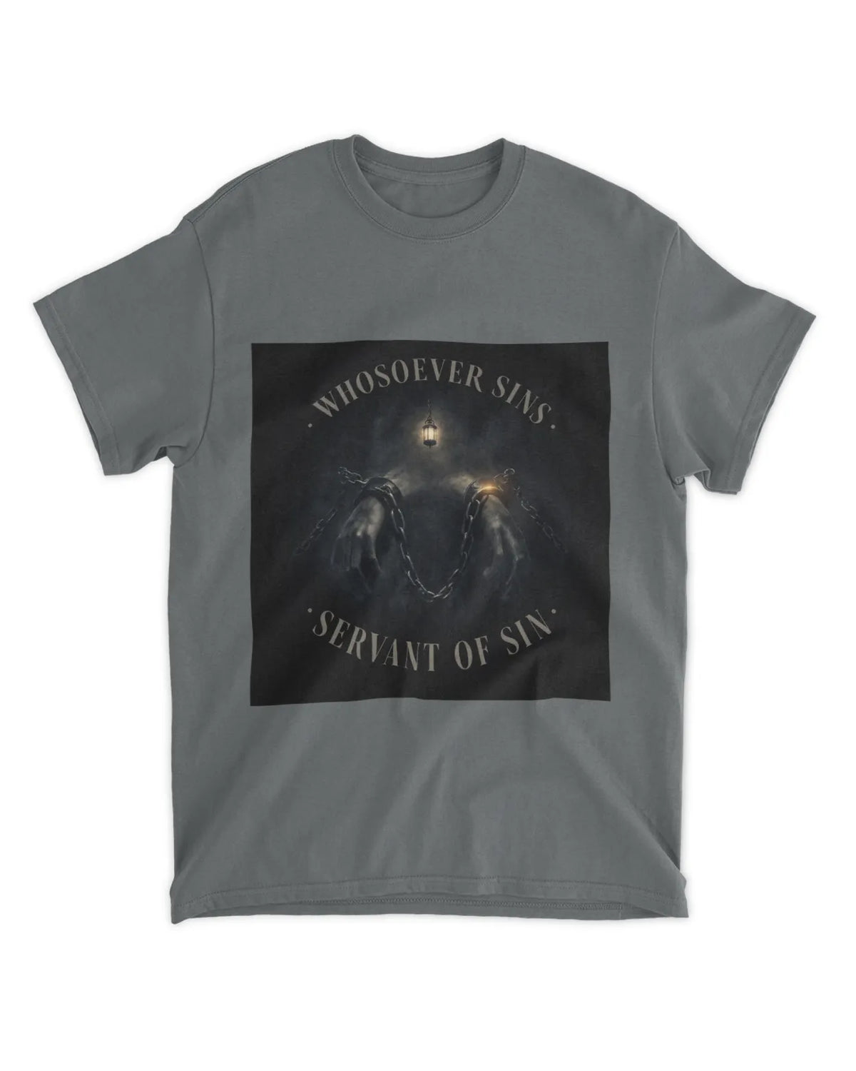 John 8:34 T-Shirt Bound by Sin Muted Glow Tee